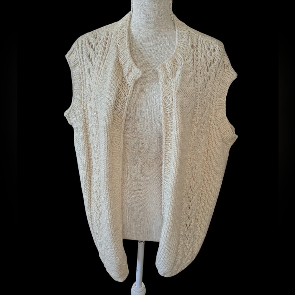 Vintage HAND KNIT sweater VEST fisherman Boho‎ Ivory Coastal Long Chunky Knit